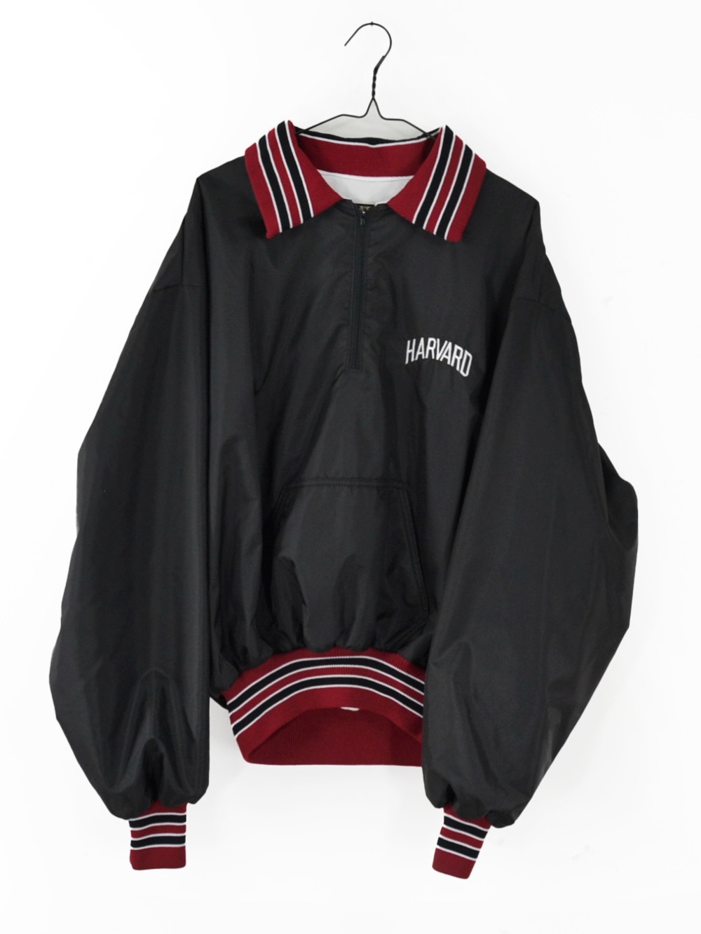 Vintage 80s Harvard Varsity Black Satin Bomber 1/4 Zip Windbreaker Jacket